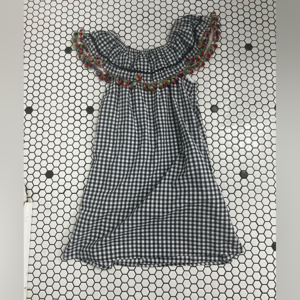 Love riche off shoulder gingham dress with pom poms size large